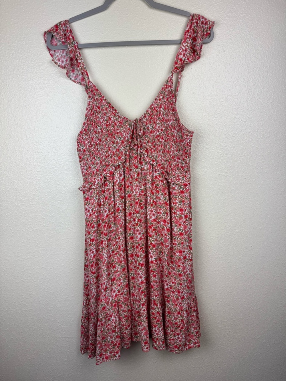 Altar'd State Floral Smocked Dress L Boho Cottagecore Ruffle Hem Tie Front Flowy